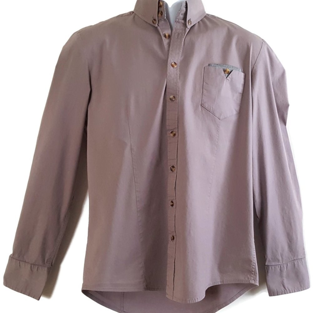 TOMSWARE Men's S Fitted Shirt Brown Button Pocket Long Sleeve Drop Tail Cotton